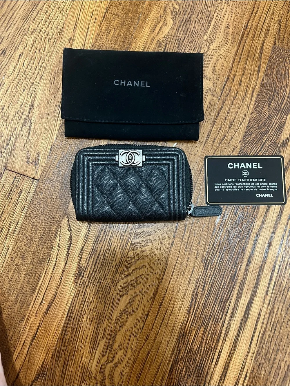 Authentic CHANEL Quilted Black Leather Zip Card Holder with CC Logo In caviar
